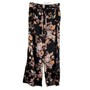 Art Class Floral Pants Black Orange SZ 8 Med Tropical Straight Leg Ties Pull On